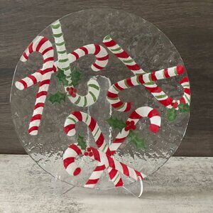 Vintage Anne C Ross Signed Red Green Candy Canes Fused Glass 10" Round Plate